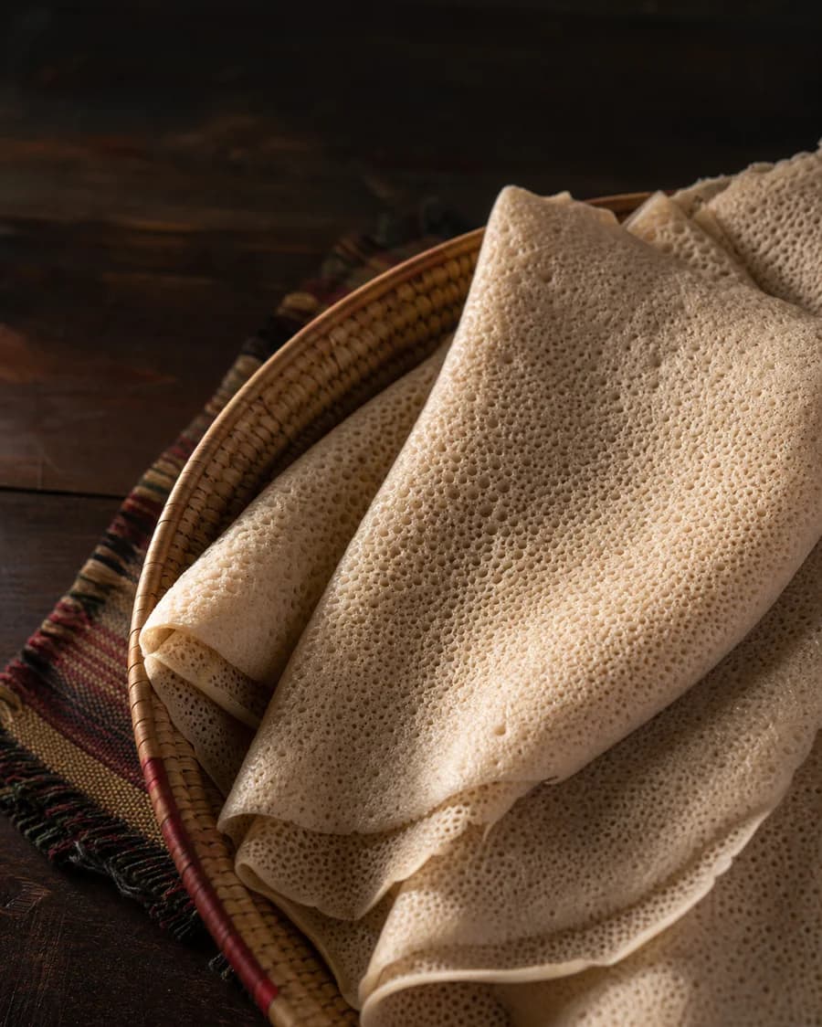 Fresh injera folded in a traditional woven basket