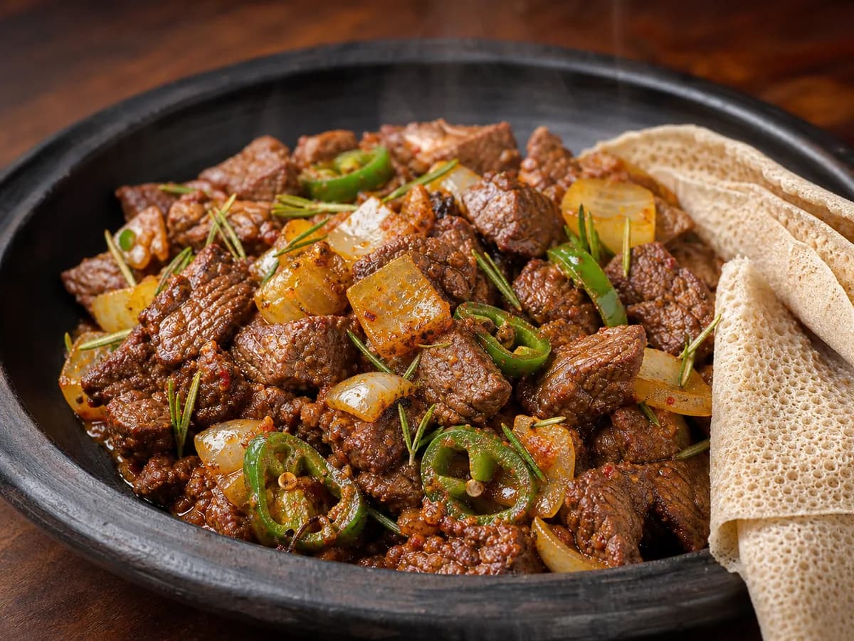 Awaze tibs with beef, onion, jalapeño, and rosemary beside injera
