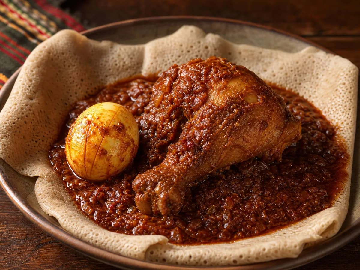 Doro wat with chicken and a boiled egg in berbere sauce on injera